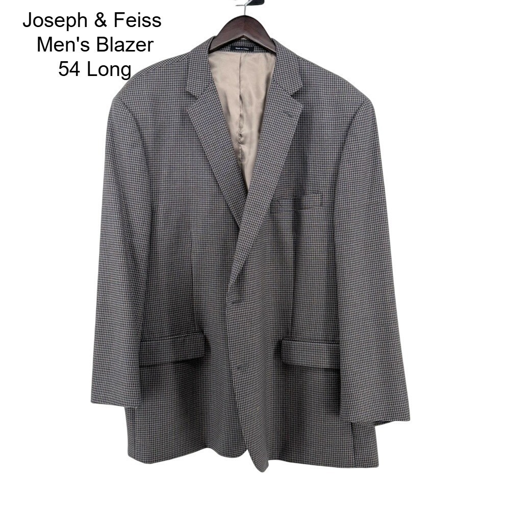 Joseph & Feiss Gold Mens Blazer‎ 54 Long Grey Blue Houndstooth 100% Wool Classic